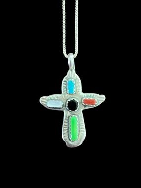 Zuni Cecilia lule Sterling Silver Cross Pendant Necklace 18” Stone Inlays